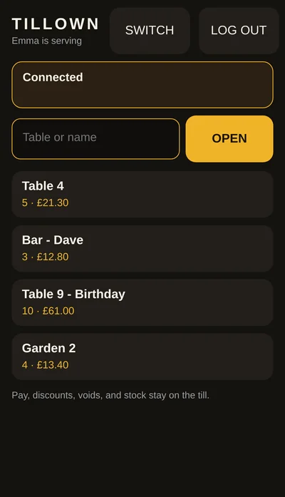 Floor pad on a phone: Emma is serving, with a box to open a new tab and a list of open tabs, Table 4, Bar - Dave, Table 9 - Birthday and Garden 2, each with its item count and amount due